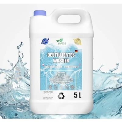 Afbeelding van gedestilleerd water, 100% zuiver, 5 l, gedemineraliseerd water geschikt voor strijkijzer, luchtbevochtiger, batterijen en nog veel meer