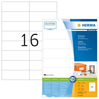 Afbeelding van HERMA Premium Papier mat permanent zelf klevend wit 105 x 37 mm 3200 etiket(ten) (200 vel(len) 16) gelamineerde etiketten