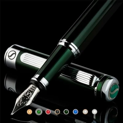 Afbeelding van British Racing Green vulpen Scriveiner met chromapplicaties, Schmidt 18 karaat vergulde veer (middel), beste cadeau voor heren en dames, managers, geleiders (donkergroen)