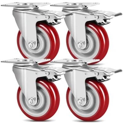 Afbeelding van Set van 4 transportwielen 100 mm met rem, 700 kg draagkracht, duurzaam en vuilafstotend (3e generatie, hoogwaardig staal, massief wiel) rood