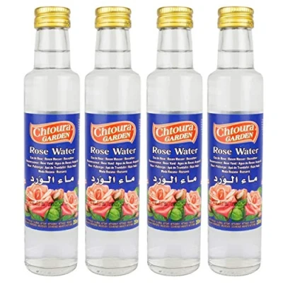 Image de Chtoura Garden Eau de rose orientale idéale pour la cuisson et cuisine florale aromatiser les plats sucrés, pâtisseries boissons, dans un lot 4 bouteilles en verre 250