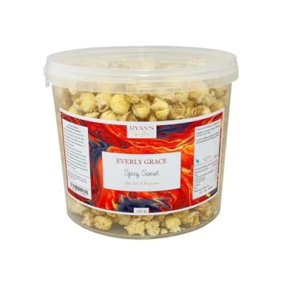 Afbeelding van Everly Grace Popcorn Spicy Sunset, 250 g popcornemmer met BBQ specerijen en chili toets uit onze fabriek in Augsburg, Duitsland