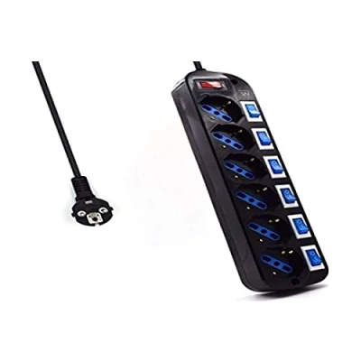 Afbeelding van Ewent EW3851 stekkerdoos met 6 onafhankelijke ITA/Schuko stopcontacten op elk stopcontact en algemene schakelaar, Schuko 16 A, 2500 W, zwart