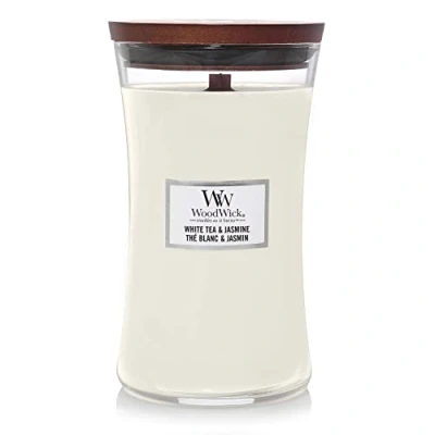 Image de WoodWick Grande bougie parfumée en forme de sablier, thé blanc et jasmin, avec mèche craquelée, durée combustion : jusqu&#039;à 130 heures
