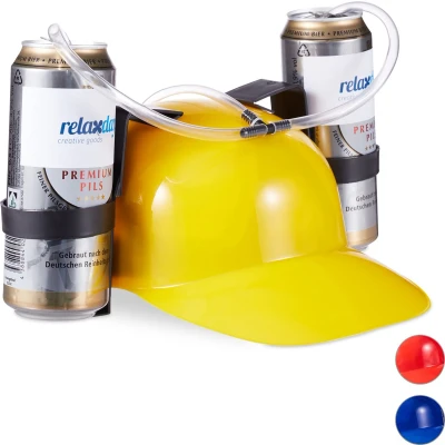Afbeelding van Relaxdays 1x drinkhelm voor 2 blikjes bierhelm helm met slang gele zuiphelm