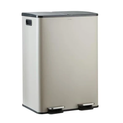 Afbeelding van CASABEL Afvalemmer, 60 l, afvalbak, 2 x 30 met pedaal, roestvrij staal, grijs, anti vingerafdruk, dubbele vakken, afvalemmer keuken, afneembare bakken, handgrepen, stil deksel