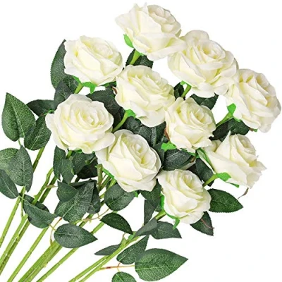 Afbeelding van Veryhome 10 stuks kunstrozen, zijden bloemen, kunstboeketten voor de decoratie van bruiloft, huis, feest, verjaardag, tuindecoratie (wit bloeiende rozen)