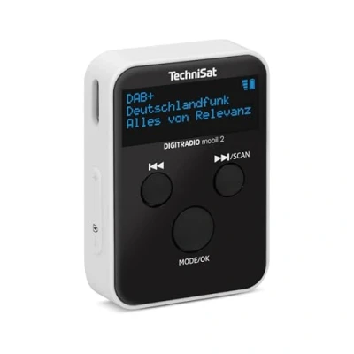 Afbeelding van TechniSat DIGITRADIO Mobil 2 draagbare mini radio DAB+/FM met geïntegreerde batterij (oplaadbare zakradio, hoofdtelefoon, OLED display, favorietengeheugen) zwart/wit