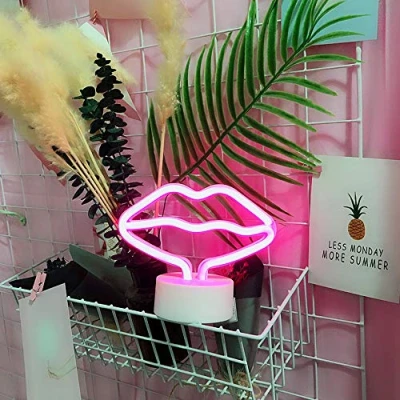 Afbeelding van NIWWIN Led neonlichtbord, wanddecoratie, nachtlampje, USB/neonlicht, werkt op batterijen, voor Kerstmis, verjaardag, cadeau, feest, kinderen, woonkamer, bruiloftsdecoratie (lip)
