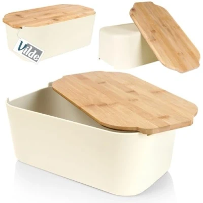Afbeelding van Broodtrommel met houten plank, broodmand, broodbox, broodtrommel, crème, 33 x 18,5 12 cm