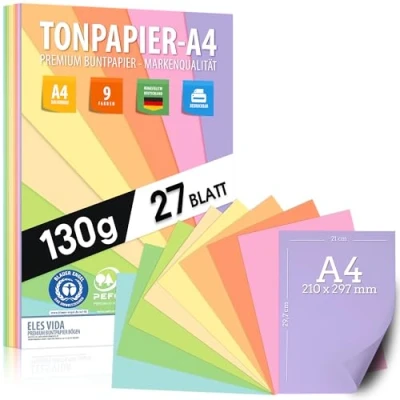 Afbeelding van 27 vellen pasteltekenpapier, DIN A4, 130 g, 9 kleuren, stevig papier, kleurrijke voor school, vrije tijd, kinderen, pastelgekleurd blauwe engel gecertificeerd en
