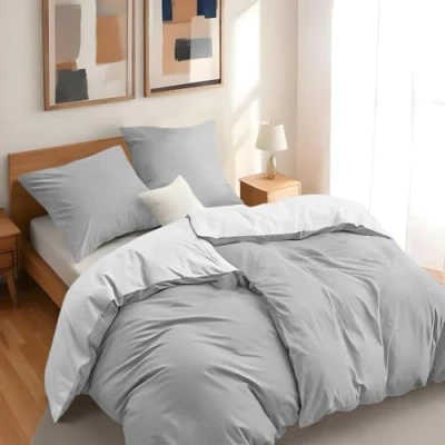 Afbeelding van Dreamzie 2 dekbedovertrekken 135 x 200 cm met kussenslopen 80 cm, lichtgrijs/wit, beddengoed van 100% microvezel, 4 delig, gecertificeerd zonder chemicaliën (Oeko TEX)