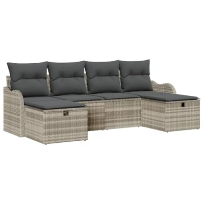 Afbeelding van vidaXL 6 Delige Tuin Sofa Set met Kussens Lichtgrijs Poly Rattan, 2 Zits Opslag &amp; Rattan