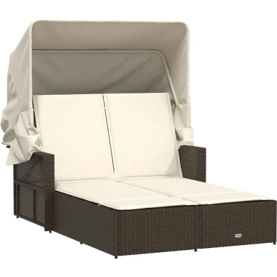 Afbeelding van Ligbed 2 persoons met luifel en kussens poly rattan bruin