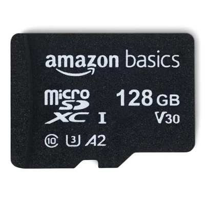 Image de Amazon Basics Carte mémoire Micro SDXC avec adaptateur pleine taille, A2, U3, vitesse de lecture jusqu&#039;à 100 Mo/s, 128 Go, noir