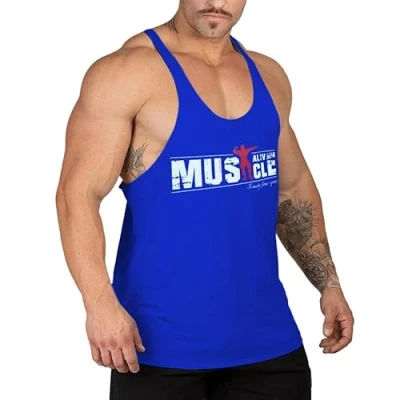 Afbeelding van Bodybuilding tanktop voor heren, katoen, fitness, sport, Mijn blauw