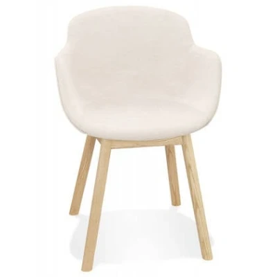 Afbeelding van Alterego Stoel met armleuningen &#039;ROSSINI&#039; van beige stof en poten natuurlijk hout 59x54x80 cm