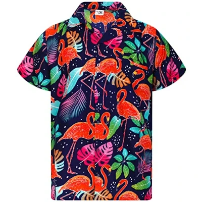 Afbeelding van King Kameha Hawaïhemd voor heren, korte mouwen, bloemenpatroon, strandfeest, flamingo, roze, Funky Flamingos, marineblauw
