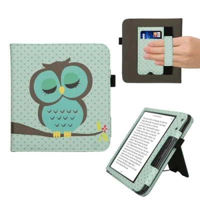 Afbeelding van kwmobile E reader hoesje geschikt voor Kobo Libra Colour hoes flip case van kunstleer Ereader cover met stand Slapende Uil design in turquoise / bruin mintgroen