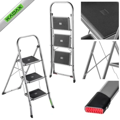 Afbeelding van KADAX Vouwladder van staal met belasting tot 150 kg, ladder klapbeveiliging, traptreden antislip treden (3 treden)