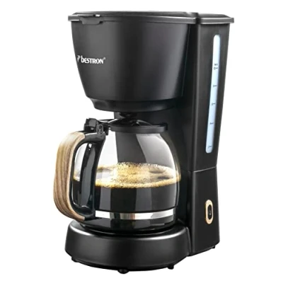 Afbeelding van Bestron Filterkoffiezetapparaat voor 10 kopjes koffie, filterkoffiemachine incl. glazen kan van 1,5 liter, vast filter &amp; warmhoudplaatje, 1000 Watt, Black Wood Design, kleur: zwart/hout