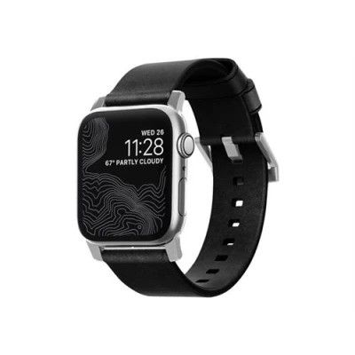 Afbeelding van Nomad modern leather strap Apple Watch 42mm / 44mm 45mm 49mm zwart zilver NM1A41SM00