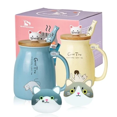 Afbeelding van set van 2 kat mokken, leuke koffie keramiek, met bamboe deksel en lepel, 3D huisdier mokken voor kattenliefhebbers vrouwen, stuks