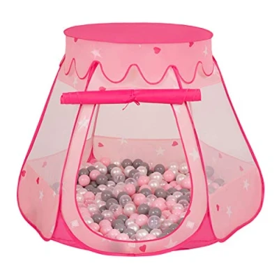 Afbeelding van Selonis Speeltent 105 x 90 cm/300 ballen kasteelhuis verplaatsbare ballenbak met voor kinderen, roze: parel grijs transparant poederroze