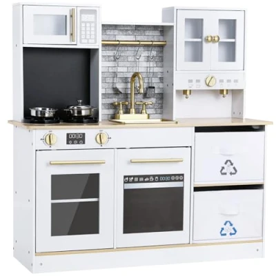 Afbeelding van Kinderkeuken, houten keuken voor kinderen, keukenspeelgoed met gesimuleerde licht en geluidseffecten, 2 opbergdozen, keuken, speelgoed kinderen vanaf 3 jaar, wit, 90 x 30 cm