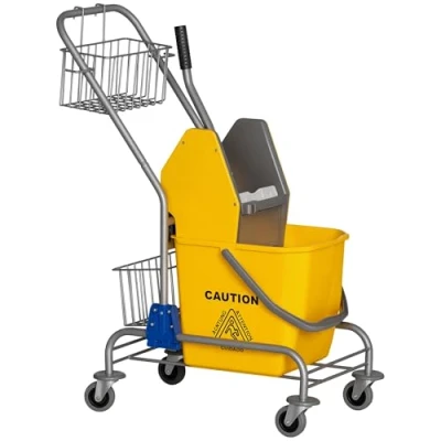 Afbeelding van HOMCOM Huishoudelijke wagen Waswagen Professionele Schoonmaakwagen Kaakpers Emmer 26L Opbergmand Afmetingen 73L x 45B 95H cm Geel