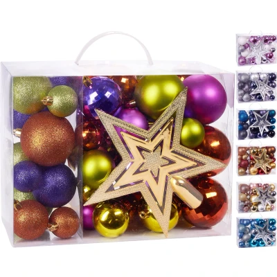 Afbeelding van BRUBAKER 50 Delige Kerstballen Set met Boomtop Gekleurde Kerstboomversiering in Paars Groen Oranje