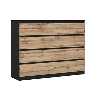 Afbeelding van 3xEliving commode, dressoir met 8 laden, zwart &amp; eiken wotan, L: 120 cm H: 101 cm. Diepte: 39 cm, slaapkamerkast volwassene kind, woonkamer, commode slaapkamer, opbergmeubel, kast voor