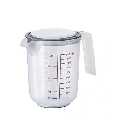 Afbeelding van APS Mengbeker met deksel, maatbeker schaalverdeling voor vloeistoffen (l/ml), suiker (g) en meel (g), inhoud: 1 l/Ø 12,5 cm, hoogte 16 vaatwasmachinebestendig