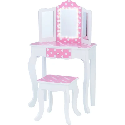 Afbeelding van Teamson Kids Houten Kaptafel Kinderen Met LED Licht Spiegel Tafel en Stoel Set Polka Dot Roze/Wit