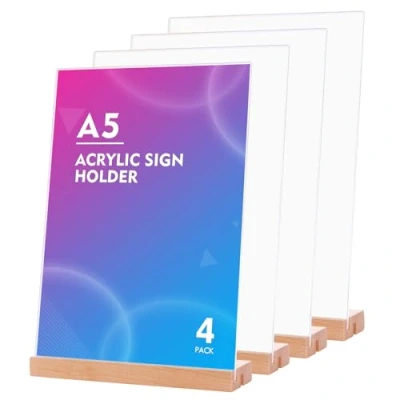 Afbeelding van Set van 4 A5 acryl schuine tafelsteunen (4 stuks) Dubbelzijdig T vormig L vorm Voor hotel, restaurant, menu, reclame