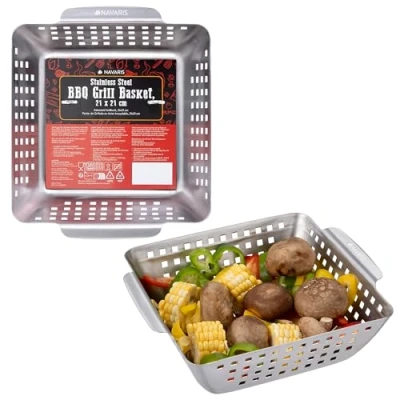 Afbeelding van Navaris roestvrijstalen grillmandje voor groente BBQ pan barbecueën, grillen, garen en uitlekken schaal mandje 21x21x7,5 cm RVS