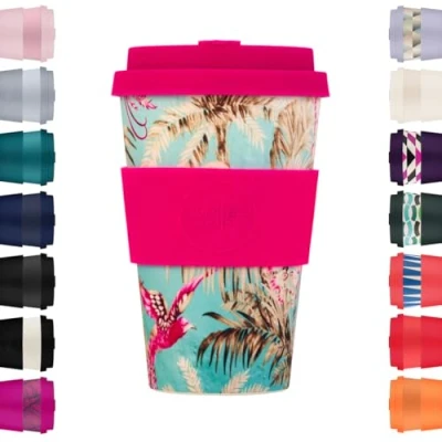 Afbeelding van Ecoffee Cup Tasse à café réutilisable et écologique 100 % végétale avec couvercle manchon en silicone, sans mélamine biodégradable, passe au lave vaisselle/micro ondes (Rancho Aloha) 400 ml