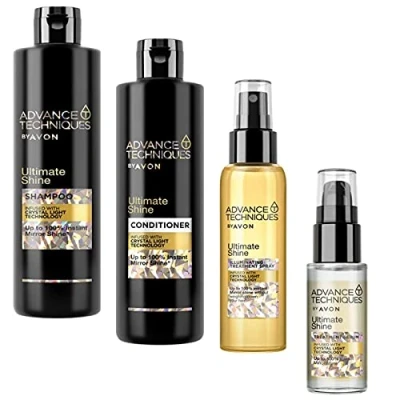 Afbeelding van Avon Advance Techniques Ultimate Shine Shampoo 400 ml + conditioner 250 glansspray 100 haarpunt vloeistof 30