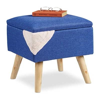 Afbeelding van Relaxdays Kruk met opbergruimte, kunstlinnen bekleding, bekleed, houten poten, voetenbank deksel, HBT 40x40x40 cm, blauw