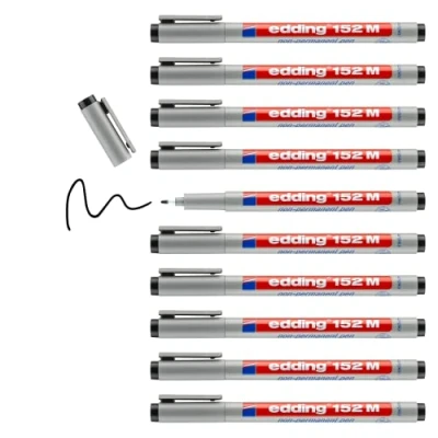 Afbeelding van edding 152 M Non permanent pen zwart doosje van 10 stuks ronde punt 1 mm schrijfstift voor glas, kunststof, folie en gladde oppervlakken sneldrogend, met water corrigeerbaar