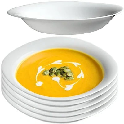 Afbeelding van KADAX Set van 6 soepborden, soepkommen, soepkom, gehard glas, vaatwasmachinebestendig, witte salade, diepe borden voor soepen, pasta, salade (wit, 23 cm)