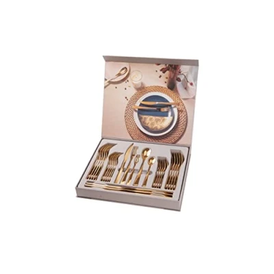 Afbeelding van Een modern bestek met geschenkverpakking, Gouden bestekset 6 personen, eetbestek 30 delig verguld en glanzend gepolijst titanium, 4 mm dik, biefstukmes.