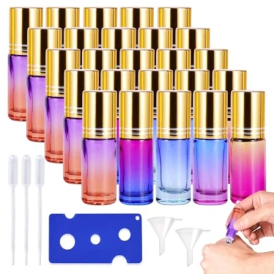 Afbeelding van 25 stuks rollerflessen voor etherische oliën, leeg, 5 ml, glazen flessen, roll on met roestvrijstalen ballen, flessen aromatherapie