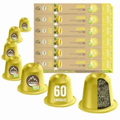 Image de La Natura Lifestyle Thé vert au jasmin bio, 100 % compostable industriellement², respectueux de l&#039;environnement, 60 capsules thé, pour machines à Nespresso®3