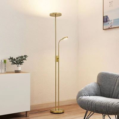 Afbeelding van Lindby LED vloerlamp met dimmer 2lichts metaal, glas, kunststof H: 180 cm mat messing Inclusief lichtbronnen