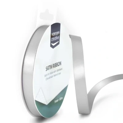Afbeelding van Vaessen Creative Satijnen lint, 9 mm, 10 meter, zilver, glanzend, decoratief stoffen lint voor bruiloft, doop en verjaardagsgeschenken