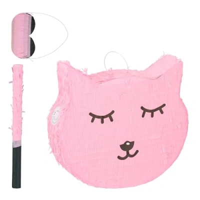 Afbeelding van Relaxdays piñata kat leeg met stok en blinddoek 34 x 37 9,5 cm roze