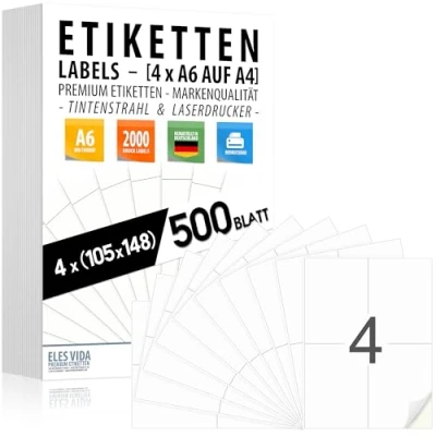 Afbeelding van Zelfklevende etiketten 105 x 148 mm (4 stuks per DIN A4 vel), mat wit oppervlak, inkt en laserprinter, verzendetiketten, Made in Germany (500 vellen 2000 etiketten)