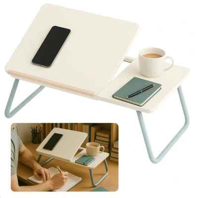 Afbeelding van Cheqo® Opklapbare Laptoptafel Ontbijt op Bed Tafel Bedtafel met Tablethouder Bank Tafeltje Ontbijttafeltje Banktafel Wit