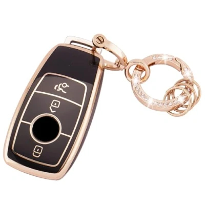 Afbeelding van Koaudb 3 knoppen TPU autosleutelhoes met lederen sleutelkoord voor Mercedes Benz A B C E G S SL CLS klasse SLC CLA GLB GLC GLE GLS AMG Smart Key Case Zwart Goud (BP Bz 3L)